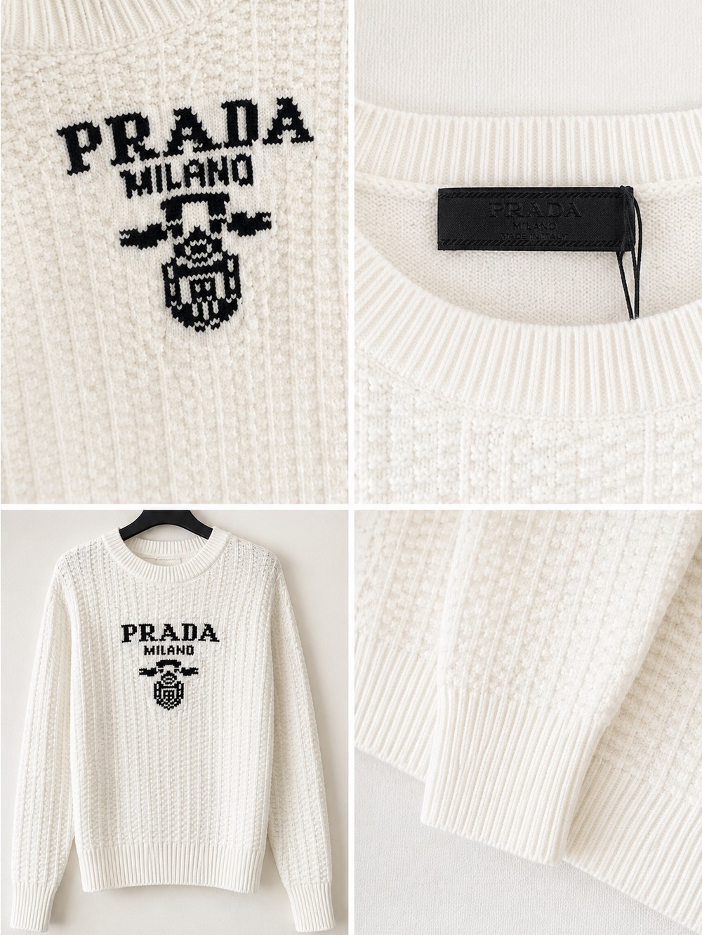 Prada Inspired White Crewneck Knit Sweater